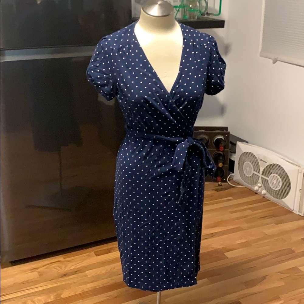 Lands End wrap dress, navy polka dot - M (10/12)